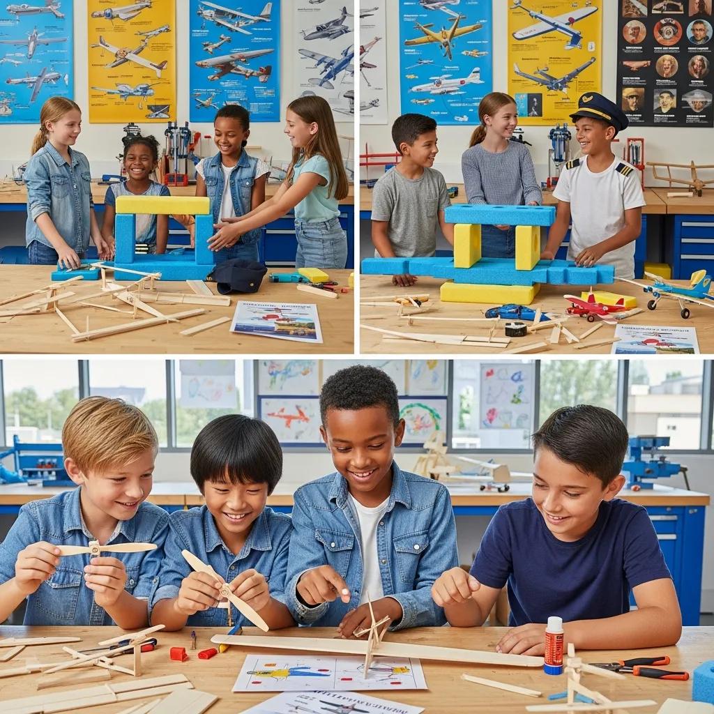 Children engaged in hands-on aviation activities, promoting teamwork and learning
