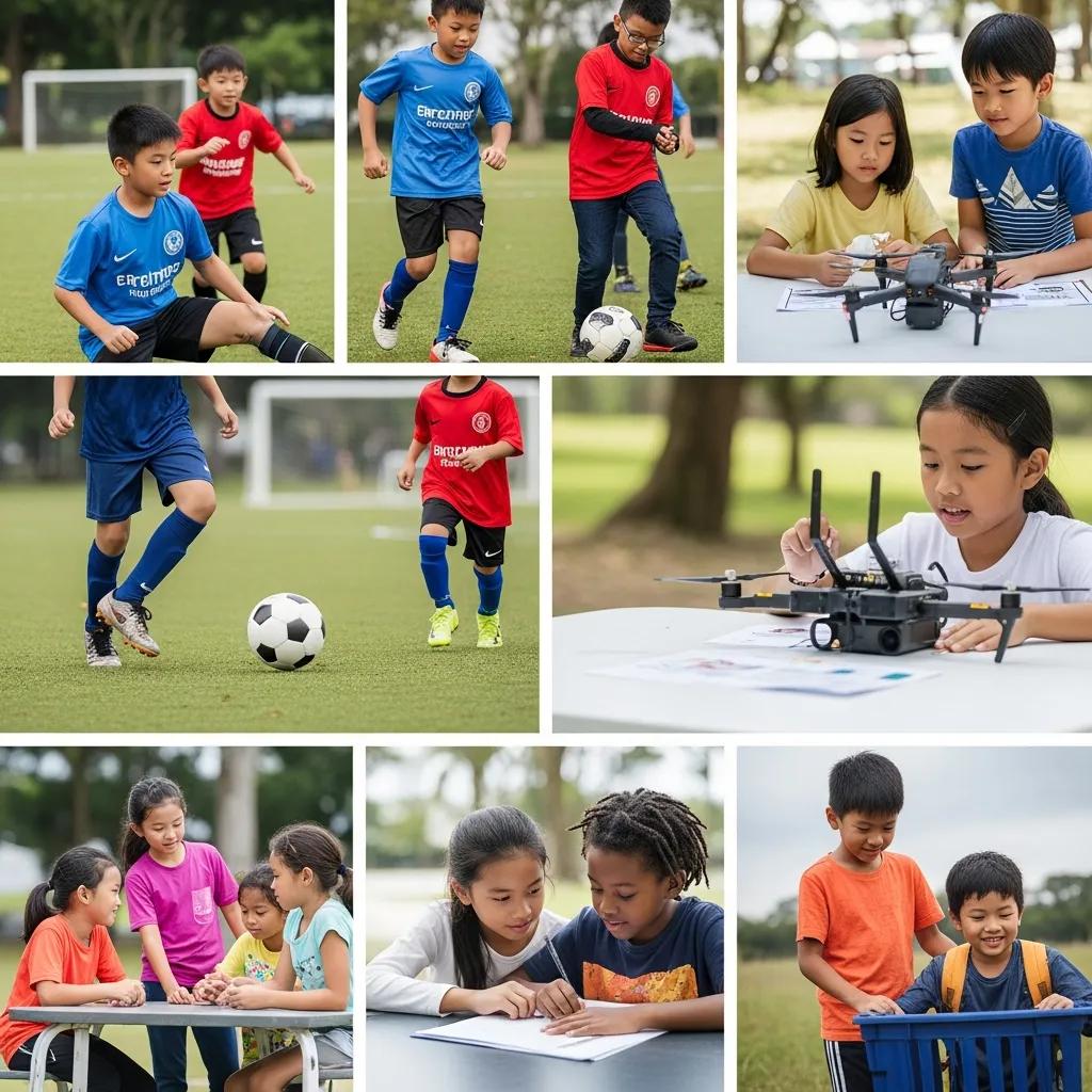 Children engaging in diverse holiday camp activities in Singapore, showcasing multisport, drone-building, and outdoor adventures