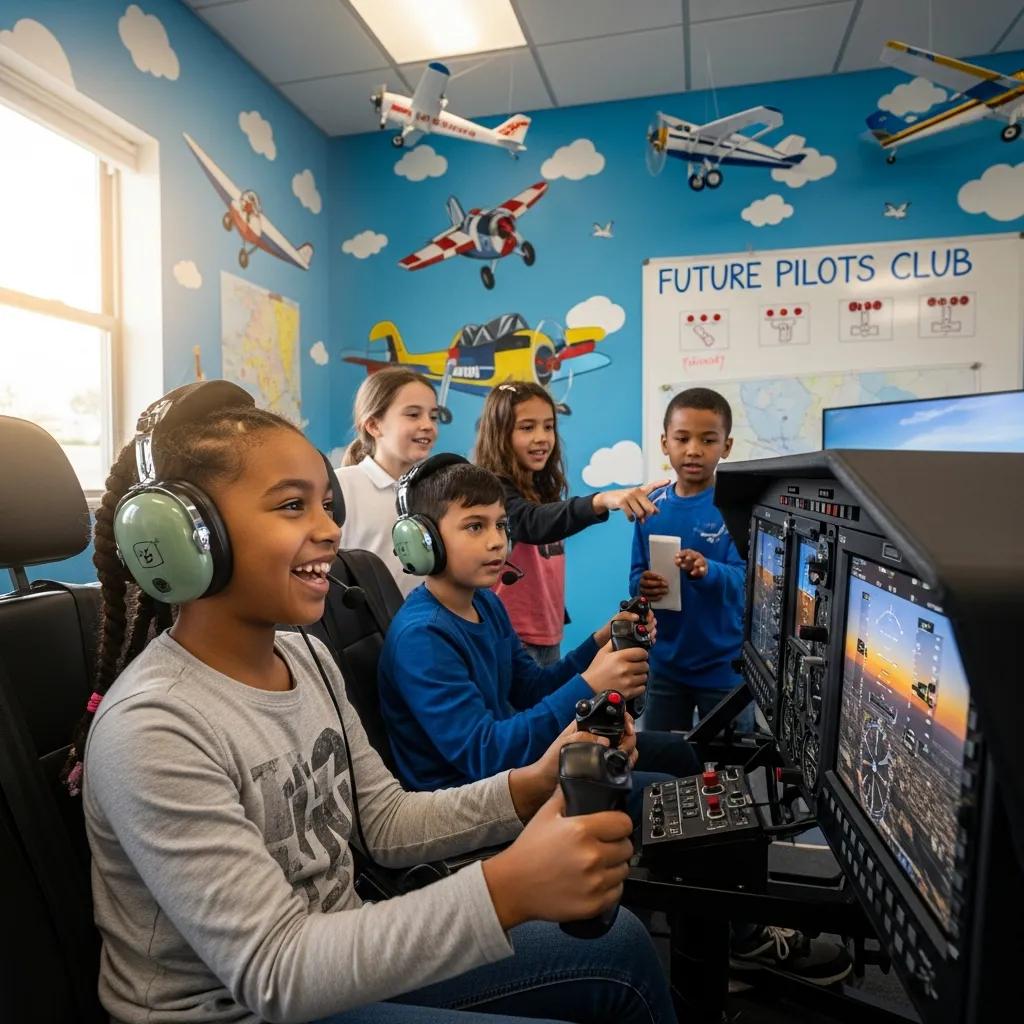 Children enjoying a flight simulator experience, highlighting education and engagement in aviation