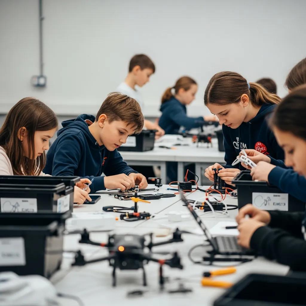 Children participating in a drone-building workshop, learning about technology and engineering through hands-on activities