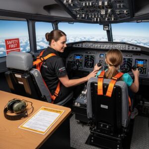 Instructor guiding a child in a flight simulator, emphasizing safety protocols, with cockpit controls and a "Safety First" sign visible.