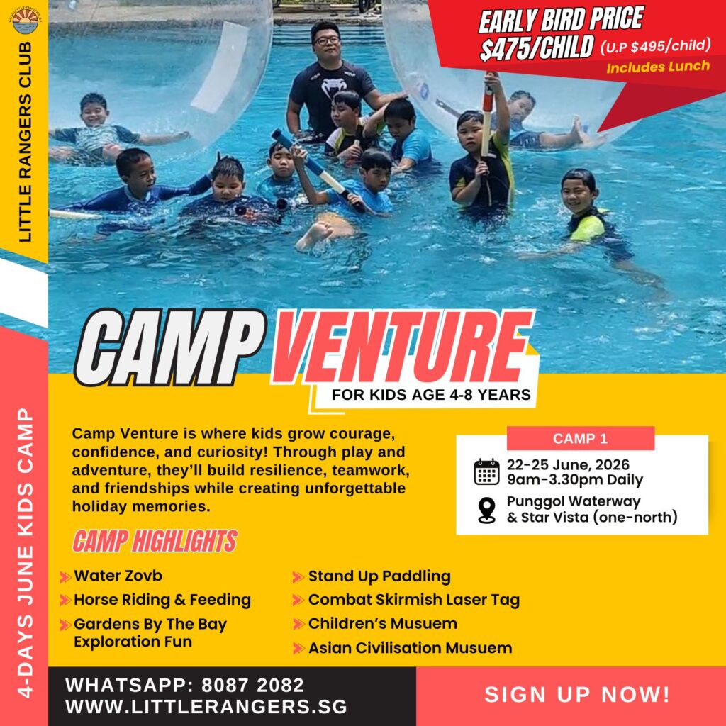 Kids participating in water activities at Camp Venture, promoting teamwork and adventure, with the camp details highlighted on the poster.