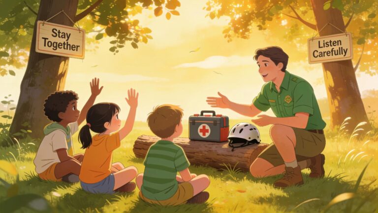 Little Rangers Club instructor with children in outdoor setting, first aid kit and safety gear.
